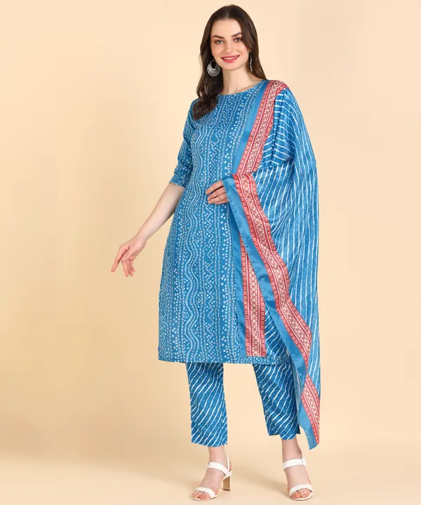 Sky_Blue_Cotton_Printed_Kurti_Pant_With_Dupatta_Set