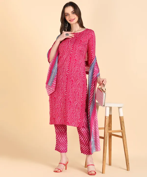 Pink_Cotton_Printed_Kurti_Pant_With_Dupatta_Set