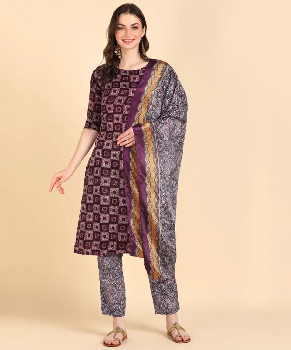Purple_Cotton_Printed_Kurti_Pant_With_Dupatta_Set