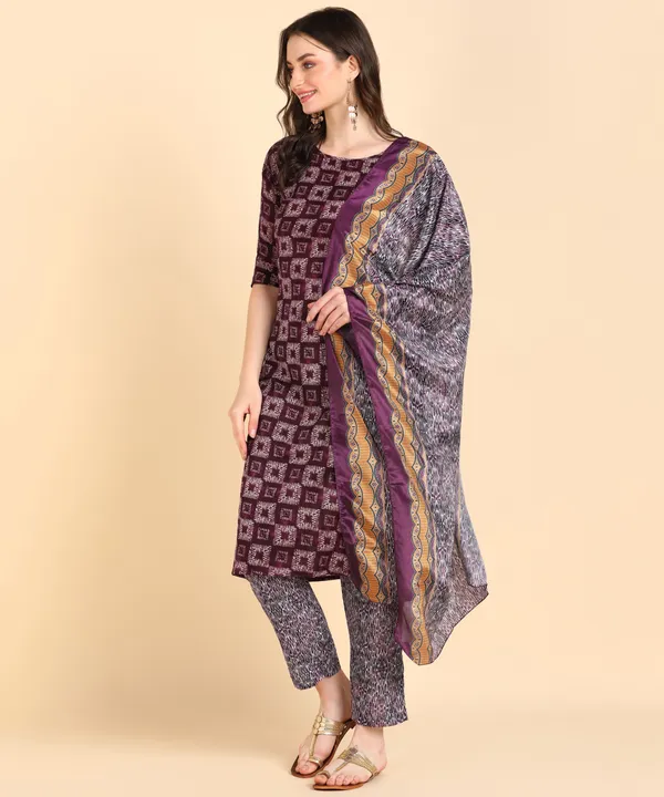 Purple_Cotton_Printed_Kurti_Pant_With_Dupatta_Set