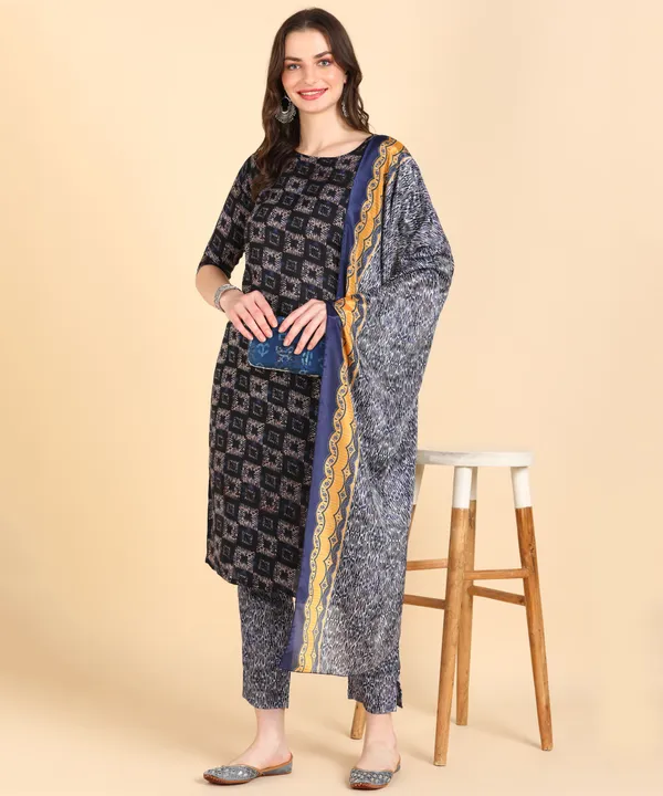 Navy_Blue_Cotton_Printed_Kurti_Pant_With_Dupatta_Set