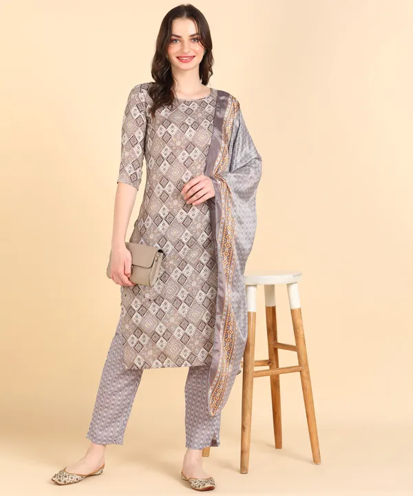 Grey_Cotton_Printed_Kurti_Pant_With_Dupatta_Set