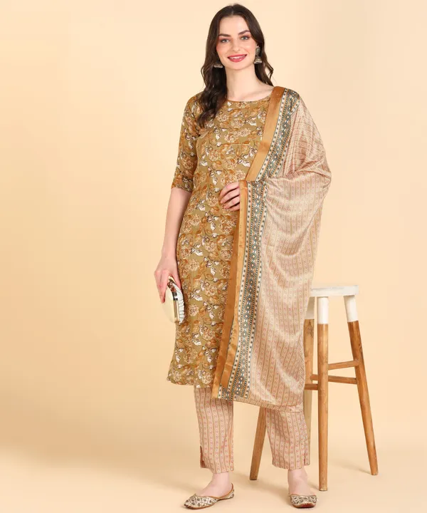 Light_Brown_Cotton_Printed_Kurti_Pant_With_Dupatta_Set