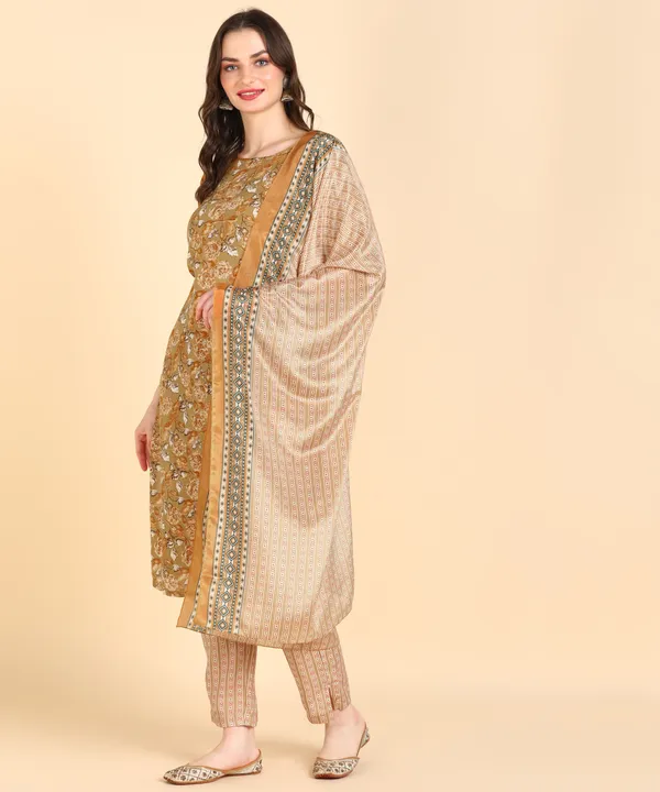 Light_Brown_Cotton_Printed_Kurti_Pant_With_Dupatta_Set