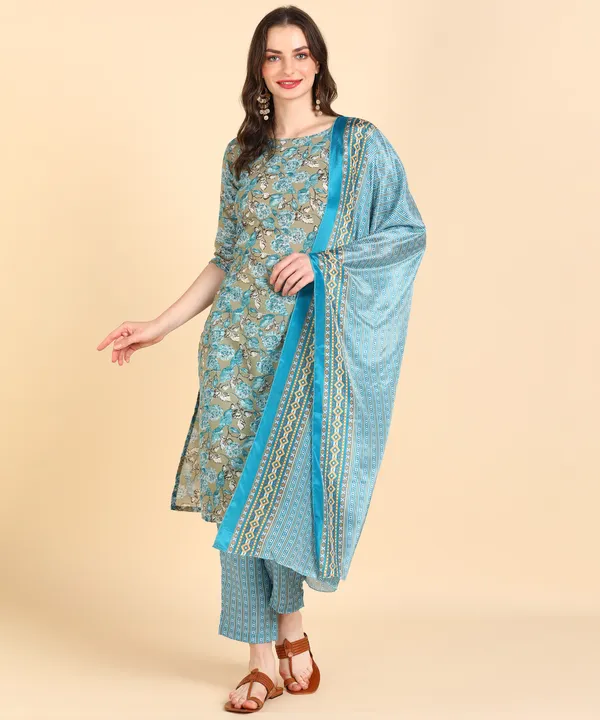Sky_Blue_Cotton_Printed_Kurti_Pant_With_Dupatta_Set