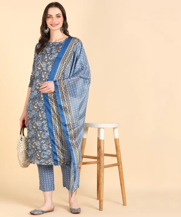 Blue_Cotton_Printed_Kurti_Pant_With_Dupatta_Set