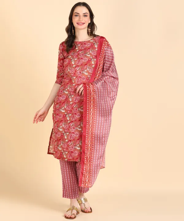 Red_Cotton_Printed_Kurti_Pant_With_Dupatta_Set
