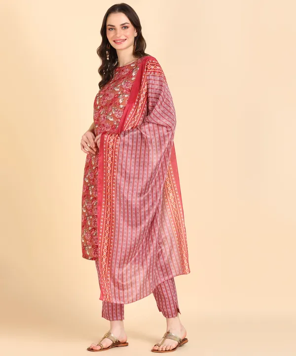 Red_Cotton_Printed_Kurti_Pant_With_Dupatta_Set