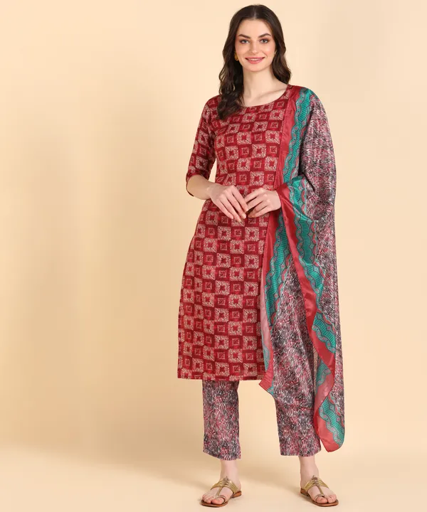 Red_Cotton_Printed_Kurti_Pant_With_Dupatta_Set