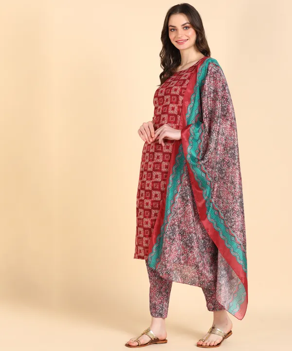 Red_Cotton_Printed_Kurti_Pant_With_Dupatta_Set