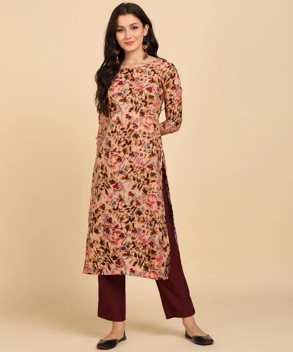 Beige_Women_Printed_Kurti_With_Pant_Set