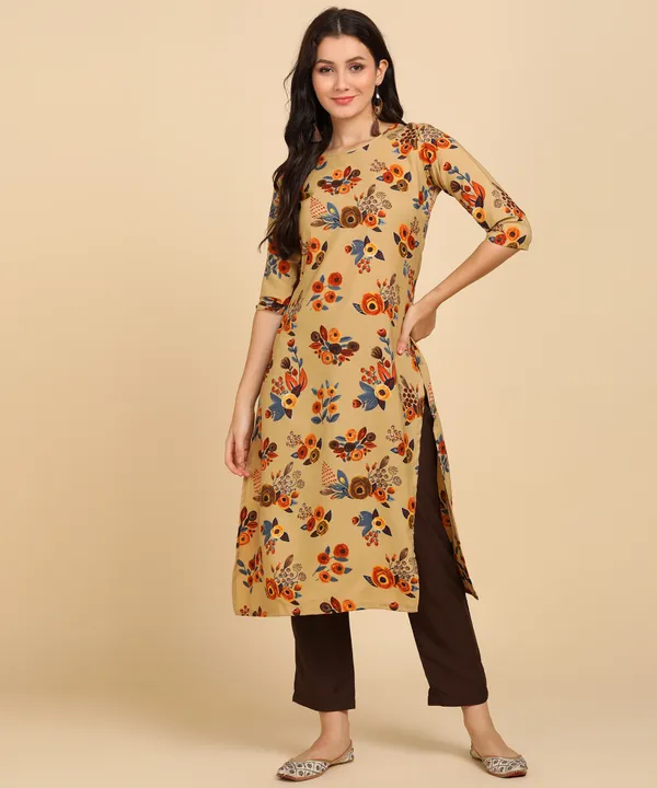 Beige_Women_Printed_Kurti_With_Pant_Set