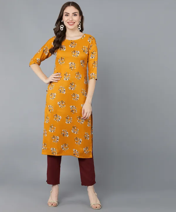 Yellow_Crepe_Printed_Kurti_With_Pant_Set