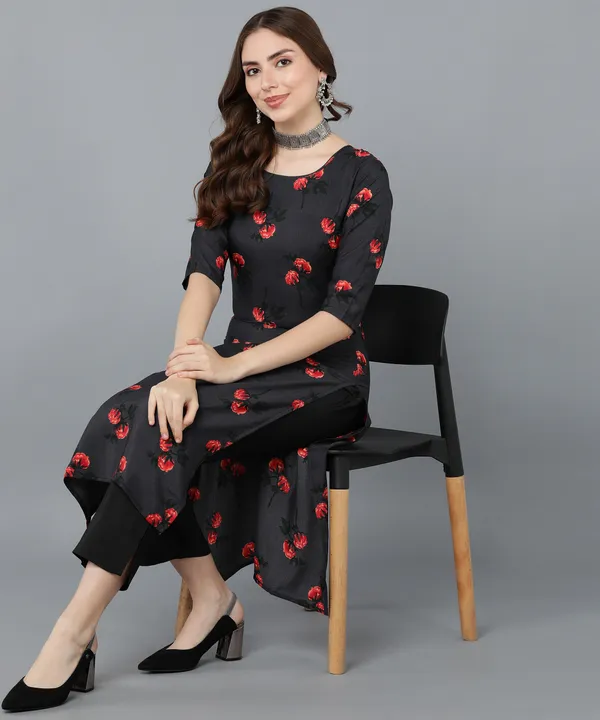 Dark_Grey_Crepe_Printed_Kurti_With_Pant_Set