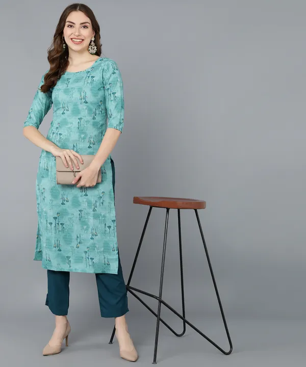 Turquoice_Crepe_Printed_Kurti_With_Pant_Set