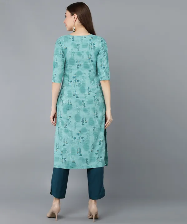 Turquoice_Crepe_Printed_Kurti_With_Pant_Set