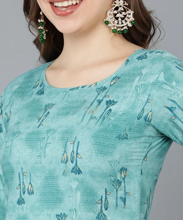 Turquoice_Crepe_Printed_Kurti_With_Pant_Set