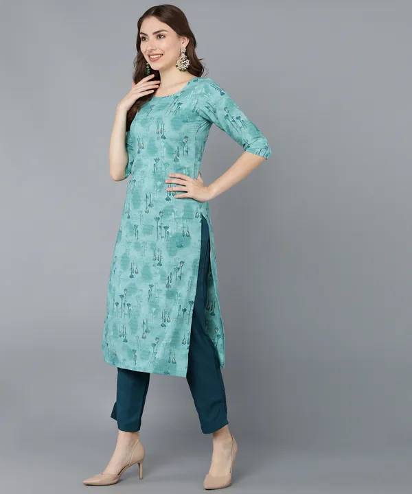 Turquoice_Crepe_Printed_Kurti_With_Pant_Set