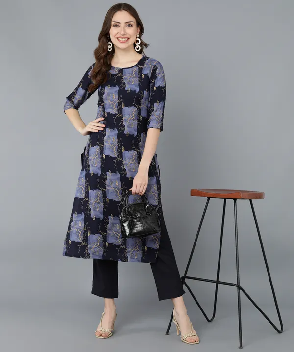 Navy_Blue_Crepe_Printed_Kurti_With_Pant_Set