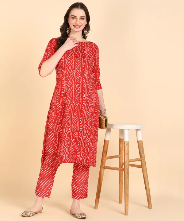 Red_Cotton_Printed_Kurti_With_Pant_For_Women