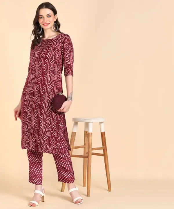 Maroon_Cotton_Printed_Kurti_With_Pant_For_Women