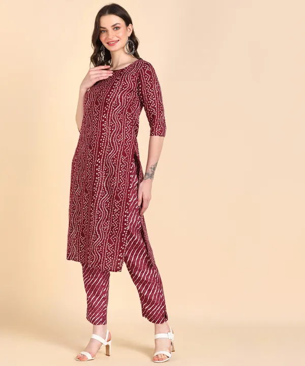 Maroon_Cotton_Printed_Kurti_With_Pant_For_Women