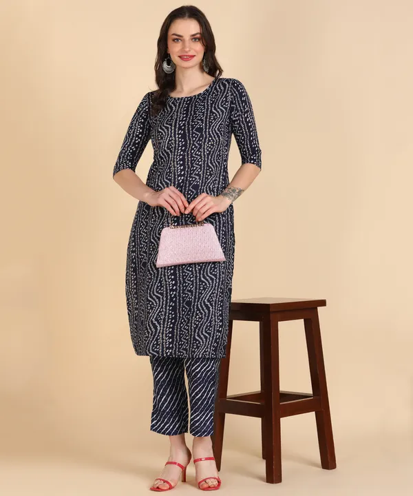 Navy_Blue_Cotton_Printed_Kurti_With_Pant_For_Women