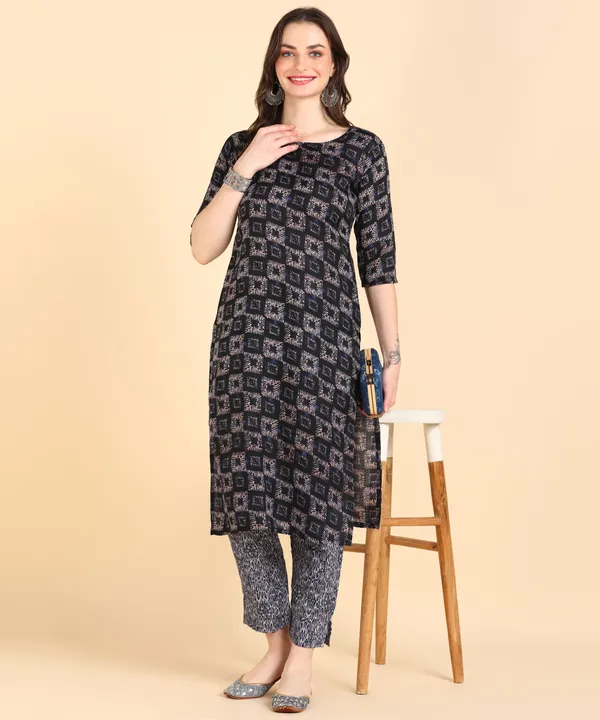 Navy_Blue_Cotton_Printed_Kurti_With_Pant_For_Women