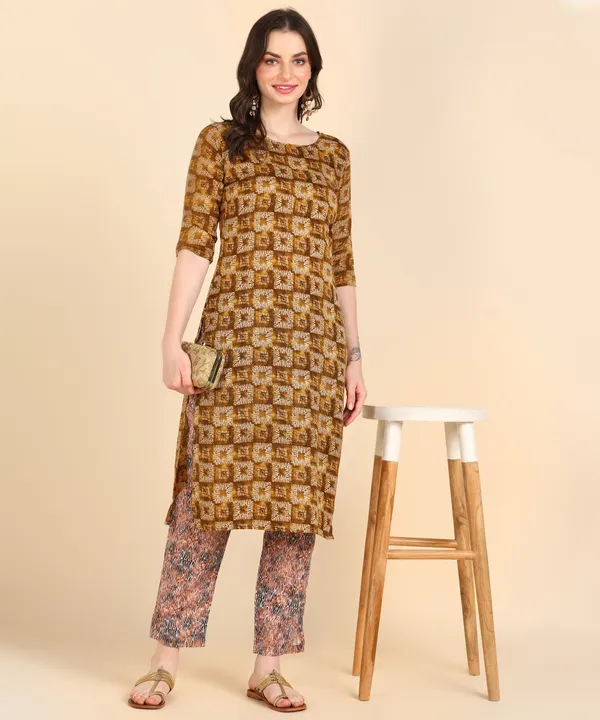 Brown_Cotton_Printed_Kurti_With_Pant_For_Women