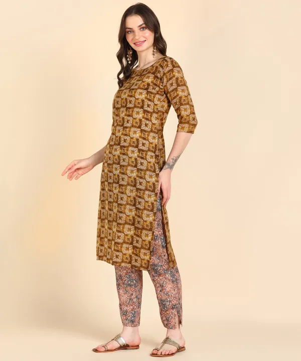Brown_Cotton_Printed_Kurti_With_Pant_For_Women