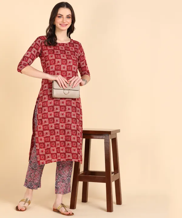 Red_Cotton_Printed_Kurti_With_Pant_For_Women