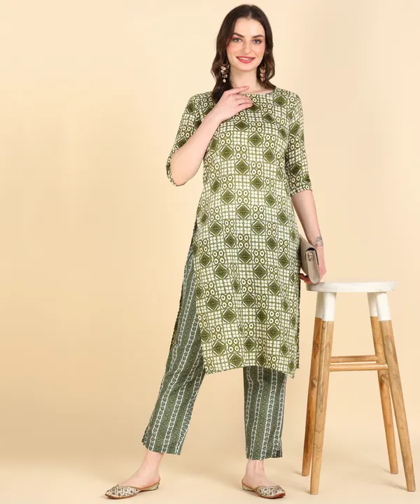 Olive_Cotton_Printed_Kurti_With_Pant_For_Women