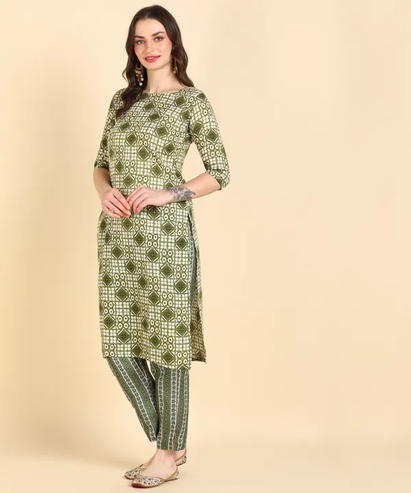 Olive_Cotton_Printed_Kurti_With_Pant_For_Women
