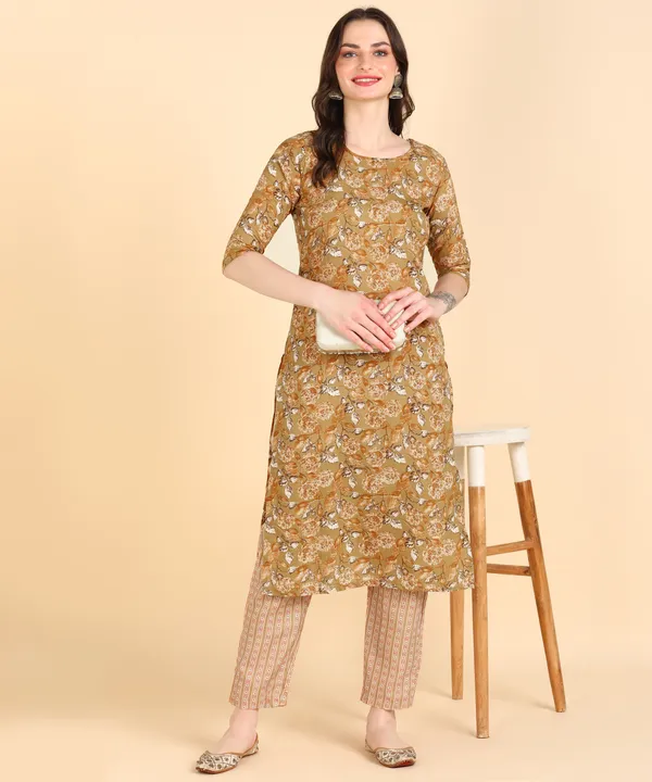 Light_Brown_Cotton_Printed_Kurti_With_Pant_For_Women