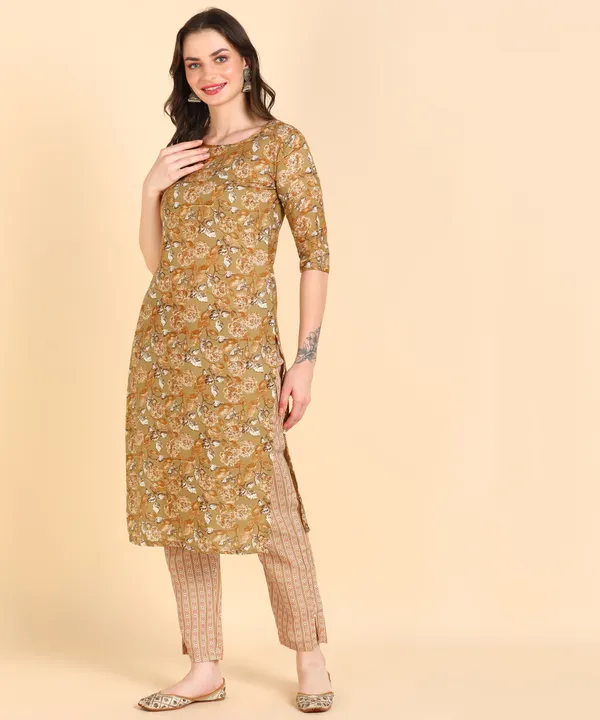 Light_Brown_Cotton_Printed_Kurti_With_Pant_For_Women