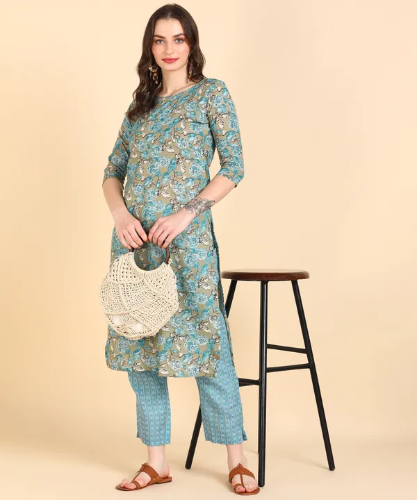 Sky_Blue_Cotton_Printed_Kurti_With_Pant_For_Women