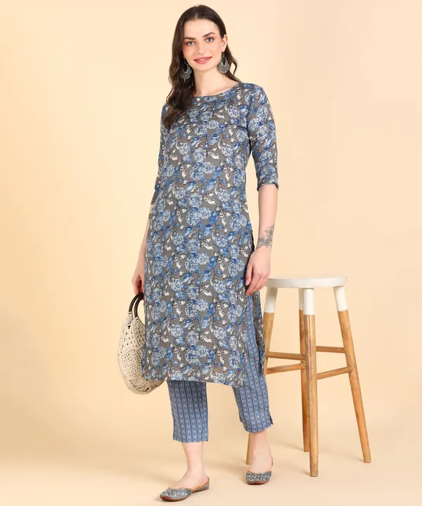 Blue_Cotton_Printed_Kurti_With_Pant_For_Women