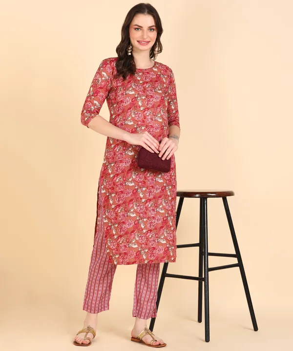 Red_Cotton_Printed_Kurti_With_Pant_For_Women