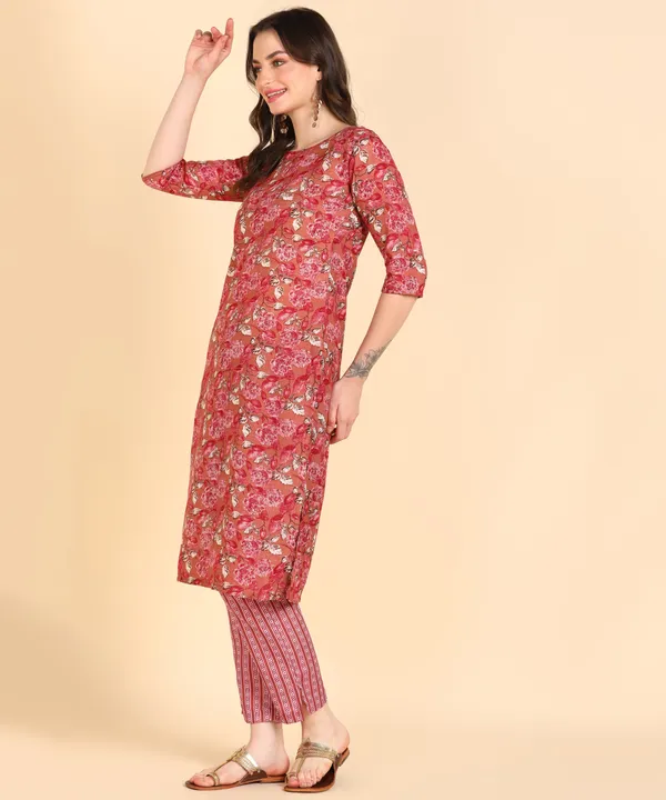 Red_Cotton_Printed_Kurti_With_Pant_For_Women