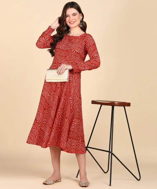 Red_Cotton_Printed_Round_Kurti_For_Women