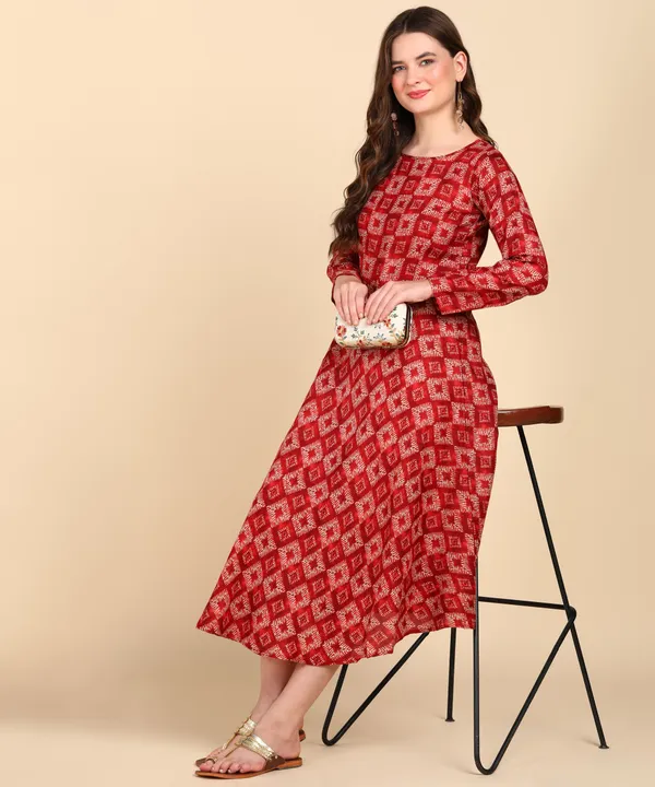 Red_Cotton_Printed_Round_Kurti_For_Women