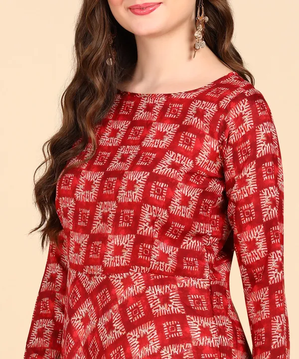 Red_Cotton_Printed_Round_Kurti_For_Women