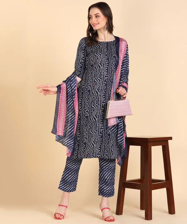 Navy_Blue_Cotton_Printed_Kurti_Pant_With_Dupatta_Set
