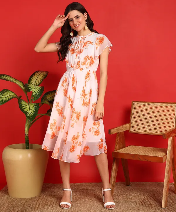 Orange_Flared_Western_Printed_Dress