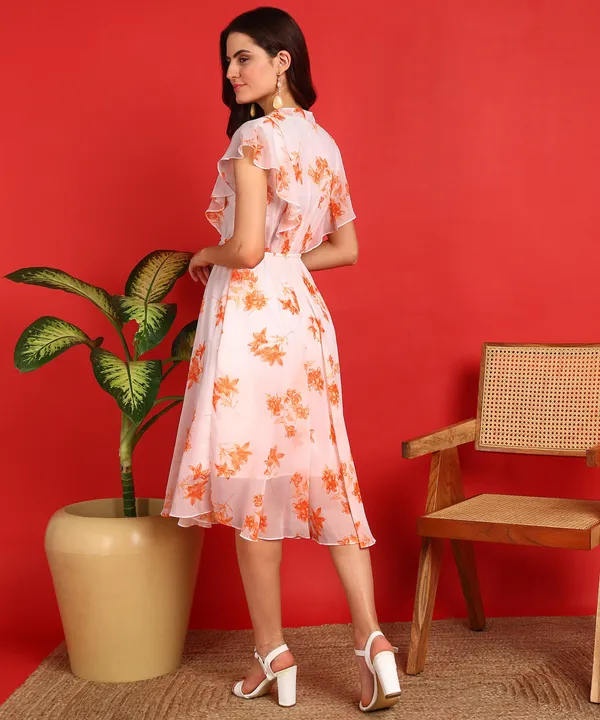 Orange_Flared_Western_Printed_Dress