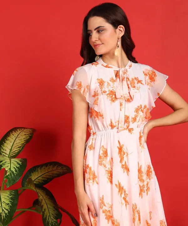 Orange_Flared_Western_Printed_Dress
