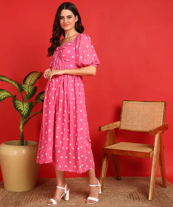Pink_Gathered_Sleeve_Georgette_Fit_&_Flare_Dress