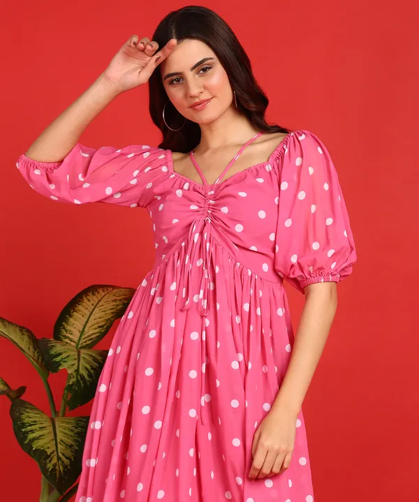 Pink_Gathered_Sleeve_Georgette_Fit_&_Flare_Dress