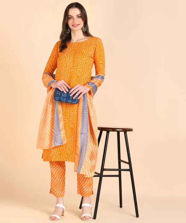 Yellow_Cotton_Printed_Kurti_Pant_With_Dupatta_Set