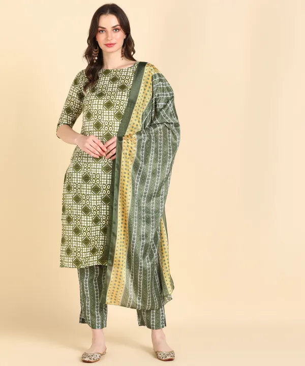 Olive_Cotton_Printed_Kurti_Pant_With_Dupatta_Set